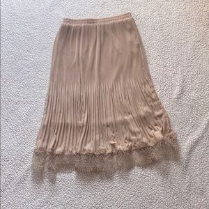 Adrianna Papell Tan Pleated Midi Skirt with Lace Trim NWOT